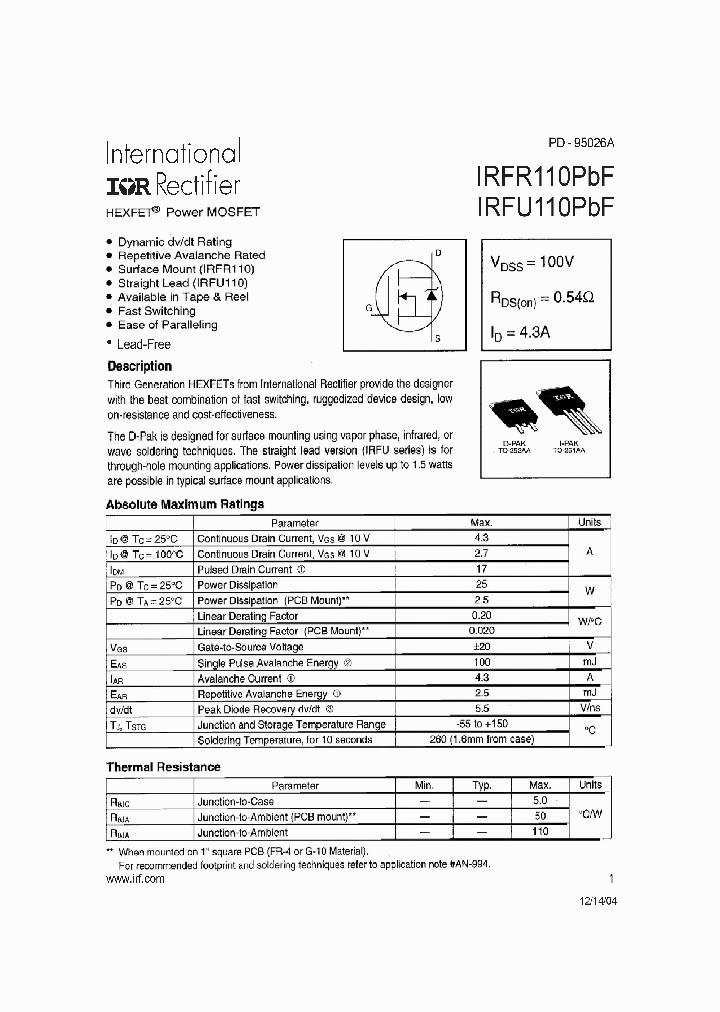 IRFR110PBF_1154926.PDF Datasheet