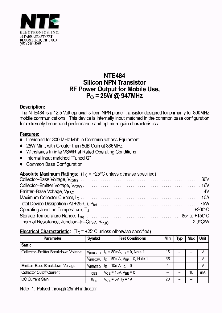 NTE484_1290921.PDF Datasheet