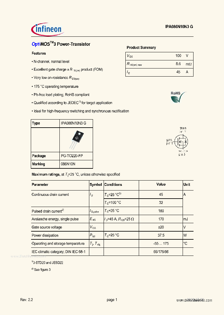 IPA086N10N3G_148705.PDF Datasheet